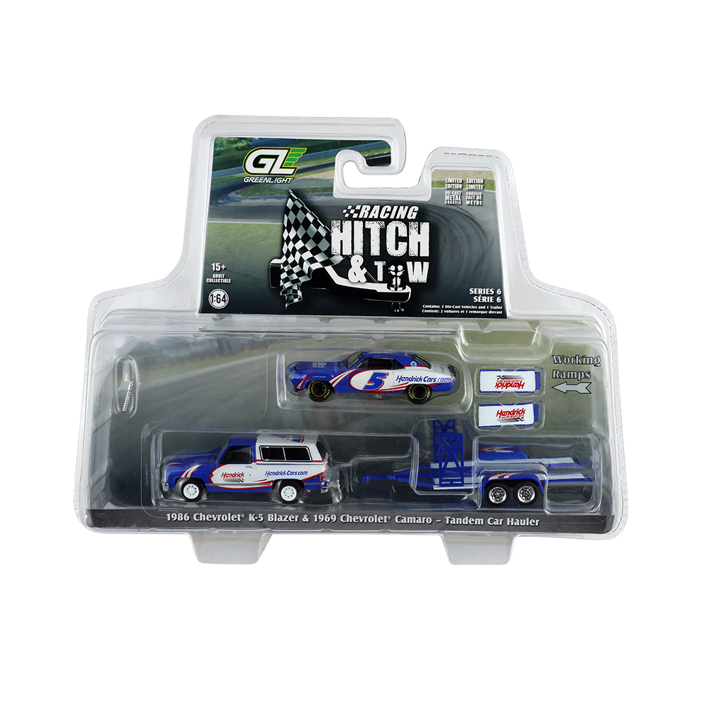 1986 Chevrolet K5 Blazer Silverado and 1969 Chevrolet Camaro – Hendrick Motorsports – Kyle Larson #5 HendrickCars.com First Win Tribute on Tandem Car Trailer