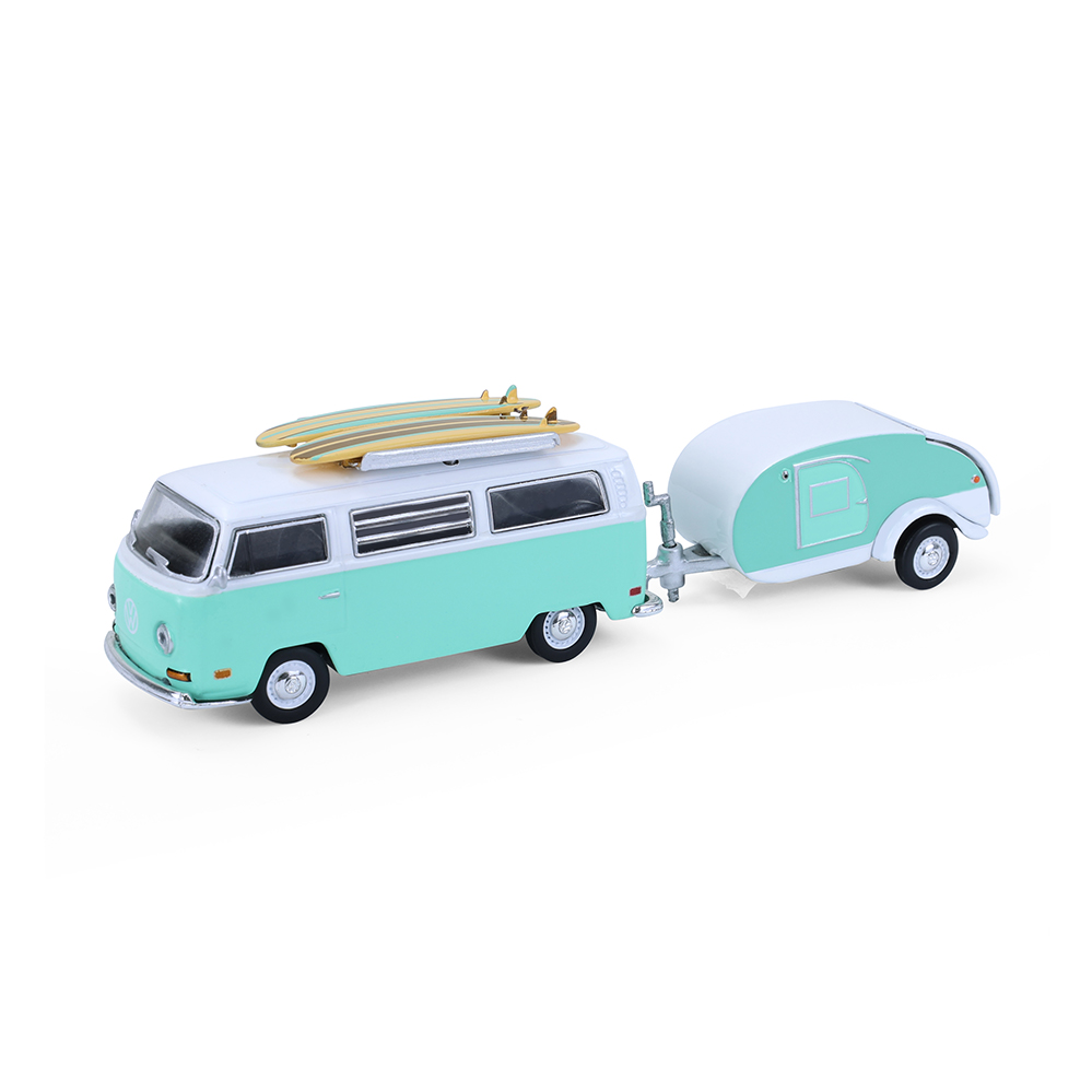 1971 Volkswagen Type 2 with surfboards and Teardrop Trailer