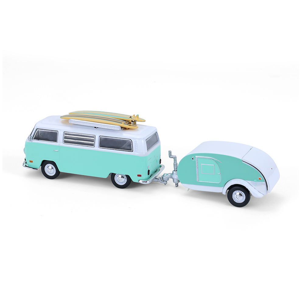 1971 Volkswagen Type 2 with surfboards and Teardrop Trailer