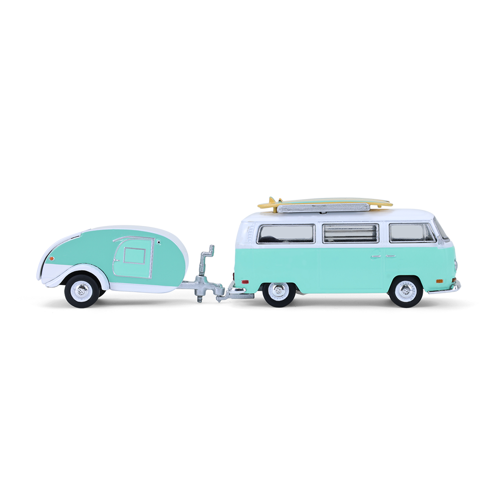 1971 Volkswagen Type 2 with surfboards and Teardrop Trailer