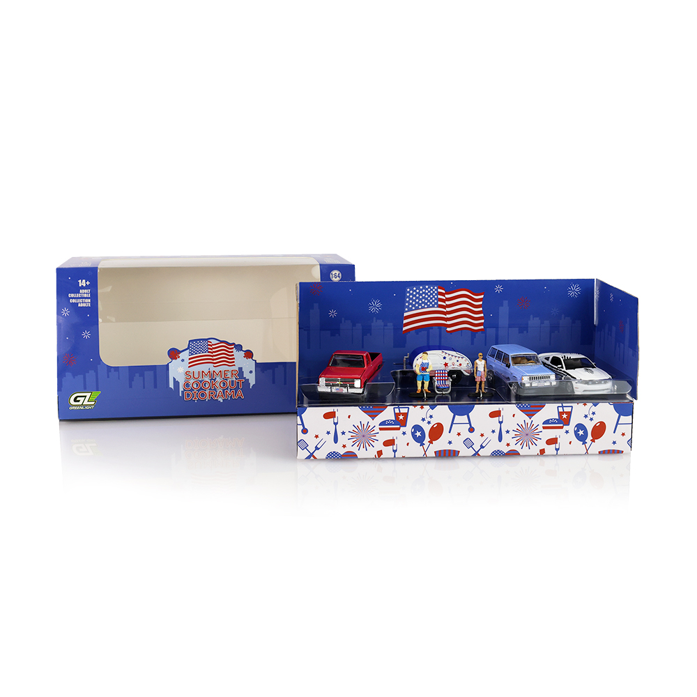 Multi-Car Dioramas - 4th of July Cookout (Jeep Grand Cherokee Laredo, Chevrolet Silverado C10 Pickup Truck, Ford Mustang GT with Stars &amp; Stripes Graphics, Americana Teardop Trailer, Cookout Figures)